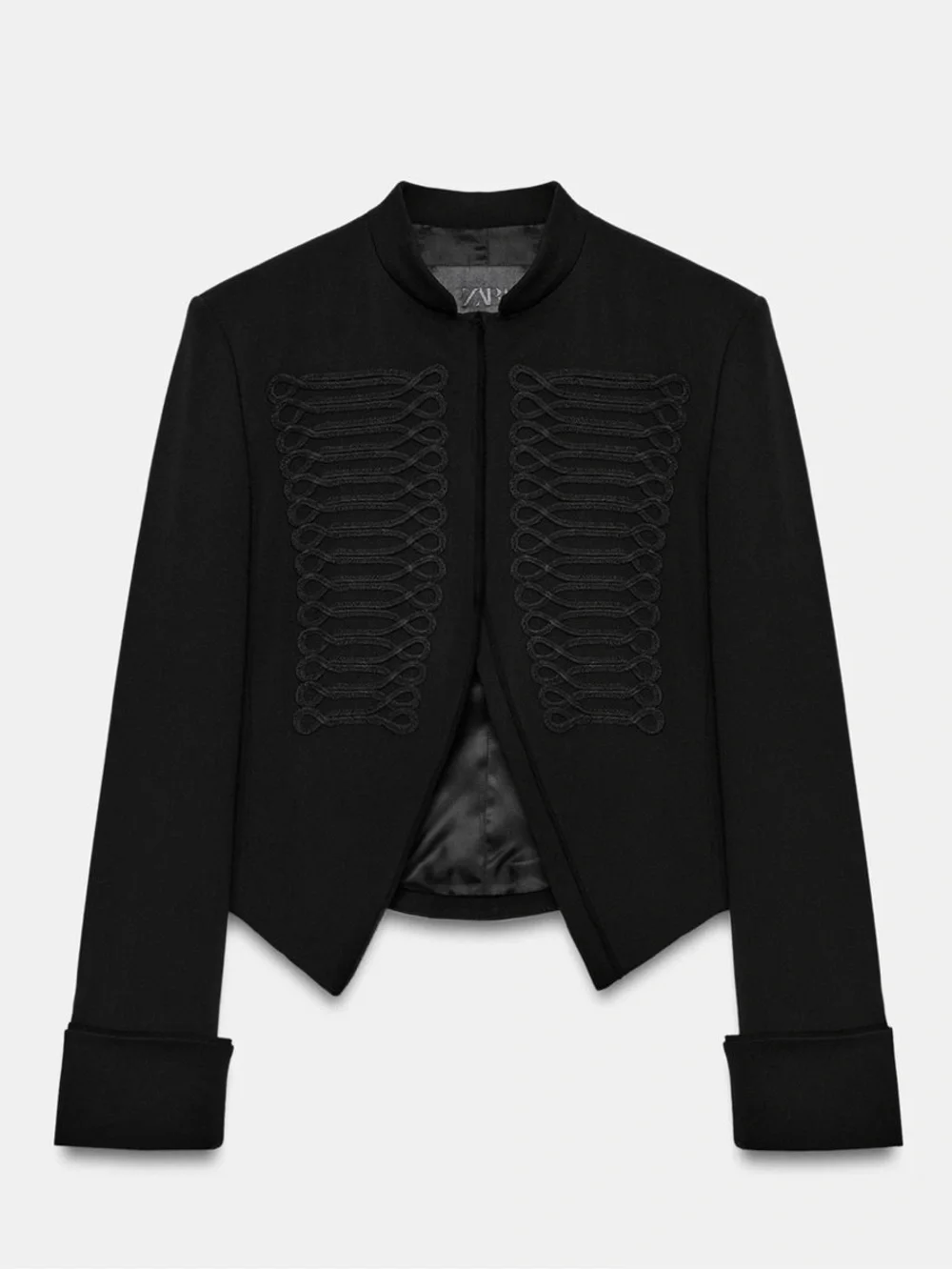 Zara ZW Collection Frog Clasp Blazer in black, featuring a high stand-up collar